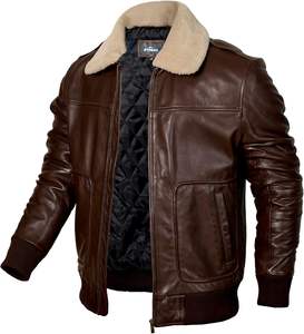 <b>Men's</b> Genuine Lambskin Brown Bomber <b>Jacket</b> with Removable <b>Sherpa</b> Collar Premium Leather and Canvas <b>Mens</b> Leather <b>Jacket</b> - Product Image 1