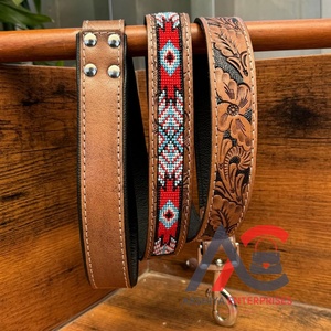 Pets Suppliers Hot Selling Custom High-quality Hand <b>Tooled</b> Genuine Leather Beaded Metal <b>Clip</b> Dog Leash for Dogs Training Walking - Product Image 1