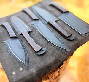 Juego de Cuchillos de Chef Hechos a Medida de Alta Calidad a Precios de Mayoreo, con Mangos de Madera, Juego de 5 Piezas con Funda de Cuero, Recubrimiento Negro - Product Image 3