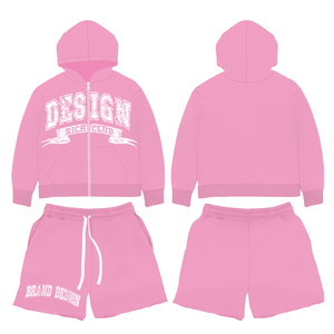 Sudaderas con capucha y pantalones cortos con cremallera para hombre 100% algodón ropa de calle alta con logotipo personalizado conjunto de pantalones cortos de 2 piezas chándal informal para hombre - Product Image 4