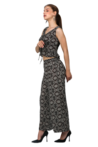 Ensemble coordonné tendance pour femme : crop top et pantalon large, imprimé géométrique moderne, volants, sans manches, à nouer devant, confortable, longueur au sol - Product Image 2