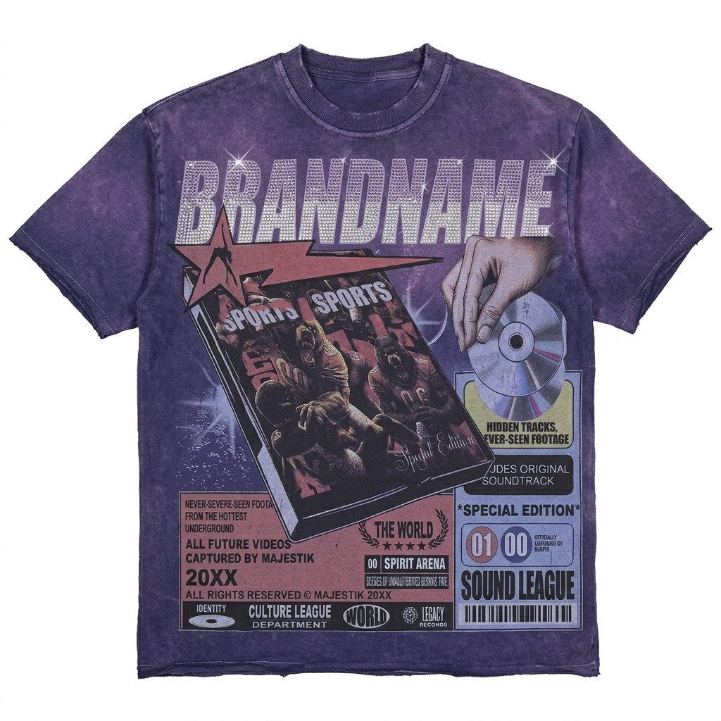 Camisetas moradas con gráficos y pedrería.