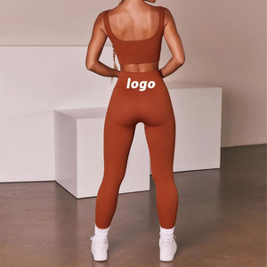 2024 logotipo personalizado gimnasio Fitness conjuntos ropa mallas gimnasio ropa Activa 4 piezas entrenamiento mujeres acanalado sin costuras Yoga conjunto para mujeres - Product Image 3
