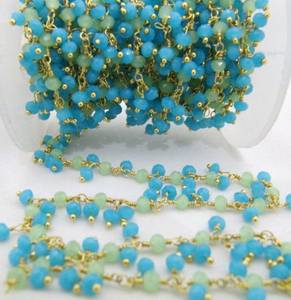 Chaîne épaisse pendante perlée à facettes en calcédoine verte et aqua, chaîne de chapelet en perles de quartz hydro vert de taille 3mm - Product Image 2