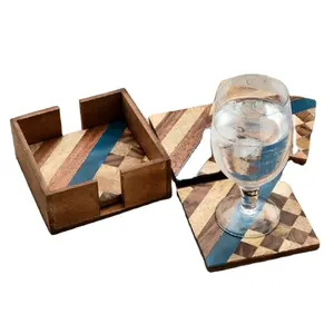 对角线/方格方形木制4件杯垫套装高品质个性化热销杯垫水杯玻璃啤酒