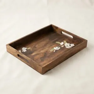 Bandeja rectangular hecha a mano de madera de acacia con diseño floral, bandeja decorativa rústica con asa para decoración del hogar. - Product Image 1