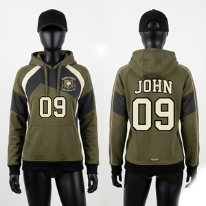 Sudadera con capucha de rugby de felpa de algodón y poliéster premium de 320 GSM, beige y azul marino con paneles en contraste, apliques bordados y logotipo personalizado. - Product Image 5