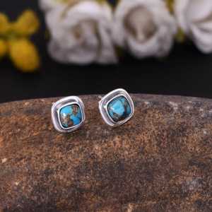 Copper Turquoise Sterling <b>Silver</b> Bezel Setting Luxury <b>Stud</b> <b>Earrings</b> for Women-Party Gift Boho Gemstone - Product Image 4