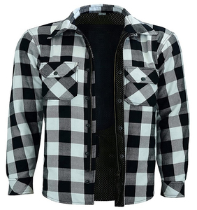 Chemise en flanelle à carreaux noirs et blancs pour homme, vêtement de tous les jours, fermeture éclair, bouton-pression, veste de moto blindée pour la conduite - Product Image 2