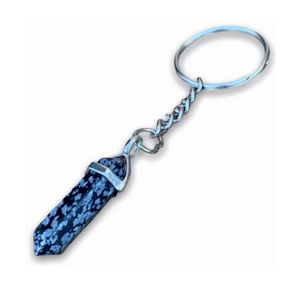 Haute qualité naturel flocon de neige obsidienne cristal porte-clés à la main colonne hexagonale pierre Double Point en gros porte-clés en métal - Product Image 2