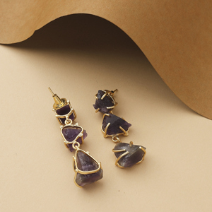 Handcrafted Trendy <b>Raw</b> <b>Amethyst</b> Stone Tassel Drop Earrings Brass Gold Finish Party Jewelry - Product Image 3