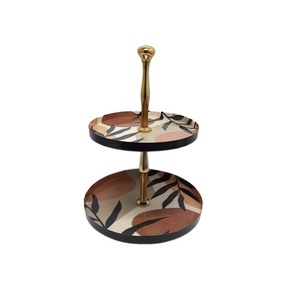 Support de gâteau noir à 2 niveaux plateau de service Design imprimé bois et métal fer pour restaurants outils de gâteau de table - Product Image 1