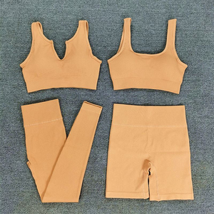 Conjunto de Fitness de 4 piezas para mujer con logotipo personalizado, mallas de Yoga acanaladas sin costuras, ropa de Fitness personalizable de talla grande - Product Image 5