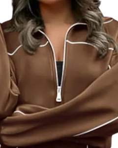 Ensemble de survêtement pour femmes brun avec col zippé, veste en molleton doux avec passepoil et pantalon large, élégant et décontracté, deux pièces pour se détendre - Product Image 3