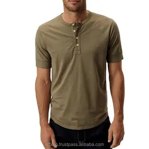 Men Summer Washed Tee Short Sleeve Curved Hem Henley 100% cotton T Shirt with four button placket Men Casual t shirt