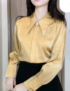 Blusa de Satén Verde con Cuello en V y Lazo, Manga Tres Cuartos, Camisa Formal para Mujer, Color Sólido, Antiarrugas, Ropa de Primavera - Product Image 4