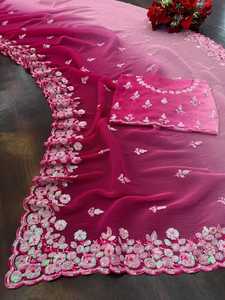 Sari de diseñador de Bollywood elegante y tradicional indio para una Sari de Georgette de imitación étnica elegante y elegante Sari de trabajo de secuencia - Product Image 2