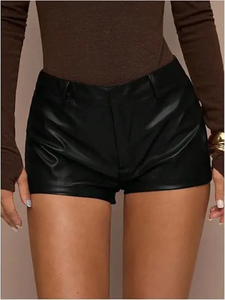 Shorts en cuir PU noir taille haute pour femme, style club, avec fermeture éclair, coupe régulière, couleur unie - Product Image 5