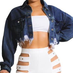 2025 veste élégante Denim déchiré garniture brute goutte épaule Denim vestes pour femmes avec Logo personnalisé vestes pour femmes - Product Image 1