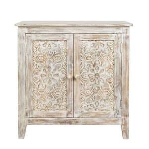 Hand Carved Solid Mango Wood <b>Sideboard</b> With Distressed Whitewash Finish 2 Door Storage Cabinet For Living Room And Bedroom - Product Image 3
