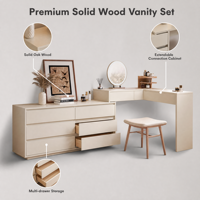Table de toilette moderne en chêne massif avec armoire latérale extensible, bureau de maquillage de luxe minimaliste avec tiroirs pour chambre à coucher