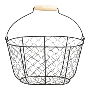 Panier de rangement pour œufs et fruits en fil de fer de style ferme avec poignée en bois, panier ovale en métal vintage décoratif pour la décoration de la maison - Product Image 5
