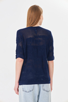 Blusa de punto con encaje y estampado de rosas para mujer - Top suave de manga corta con cuello redondo y botón trasero - Prenda de punto floral de verano