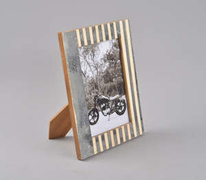 Trendy Grey Bone Inlay <b>Picture</b> <b>Frame</b> Modern Two Tone Design Artisanal Striped Desk Or Tabletop Decor - Product Image 6