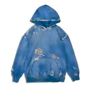 สินค้าใหม่หนักน้ําหนักคุณภาพดีที่สุดผู้ชายOversize DistressedทําลายHoodieวางไหล่กีฬาออกกําลังกายเปล่าHoodies - Product Image 2