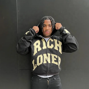 2025 Arikesi Logo personalizado parche desgastado bordado Faded French Terry Hoodie Unisex lavado ácido con cremallera patrón de impresión sólida - Product Image 6
