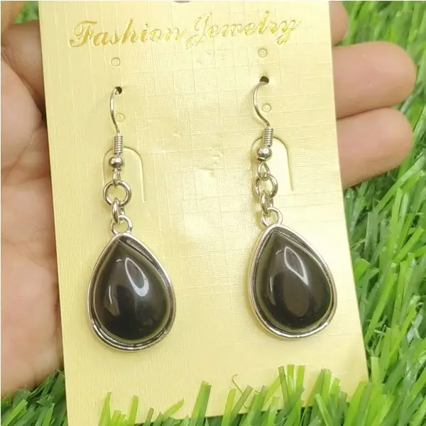 Anting-anting batu kristal Obsidian hitam, anting-anting bentuk tetesan batu kristal dengan bingkai logam, perhiasan anting-anting kristal