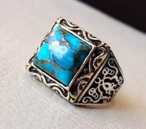 Bague pour homme en gros, nouvelle arrivée, pierre précieuse turquoise en cuivre bleu naturel, style ottoman, bijoux, bague en argent sterling 925 - Product Image 4