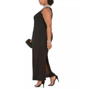 Robe longue fourreau en mousseline noire ornée à col montant pour femme grande taille, taille 20W, taille XL - Product Image 3