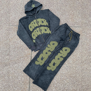 Sudadera con capucha con parche bordado desgastado personalizado lavado ácido boxy fit Vintage pantalones de chándal de algodón para hombre y conjunto de chándales para correr - Product Image 5