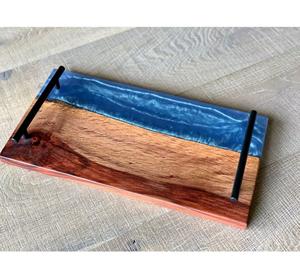 Último diseño multicolor resina de madera epoxi hecha a mano bandeja para servir río con 4 piezas Juego de posavasos bandeja de Arte de resina aguamarina - Product Image 5