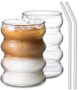 Verre à cola rond en forme de vague, verre à café, gobelet à boire avec paille - 530 ml, tasse à lait, verre à jus, verre à thé vert avec paille - Product Image 1