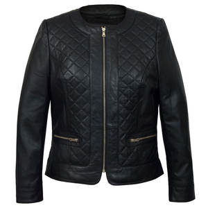 Chaqueta de Cuero 100% de piel de cordero auténtica acolchada para mujer moderna, chaqueta de cuero acolchada negra con cremallera negra para mujer, - Product Image 6