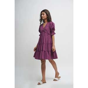<b>Women</b> <b>Purple</b> V Neck Short Sleeve Tiered Floor-Length Eco-Friendly Washable Natural Waist Cotton a Line Casual Summer <b>Dress</b> - Product Image 2