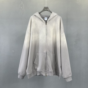 Custom Vintage Acid Washed Double Zipper Hoodie <b>Pullover</b> <b>Men</b> Blank Heavyweight Plain Cotton Thick French Terry Sun Faded Hoodies - Product Image 4