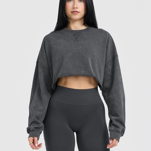 Gran oferta, Sudadera de cuello redondo holgada lisa de punto de manga larga con lavado ácido, ropa de calle Sexy para mujer, sudaderas con capucha recortadas - Product Image 1