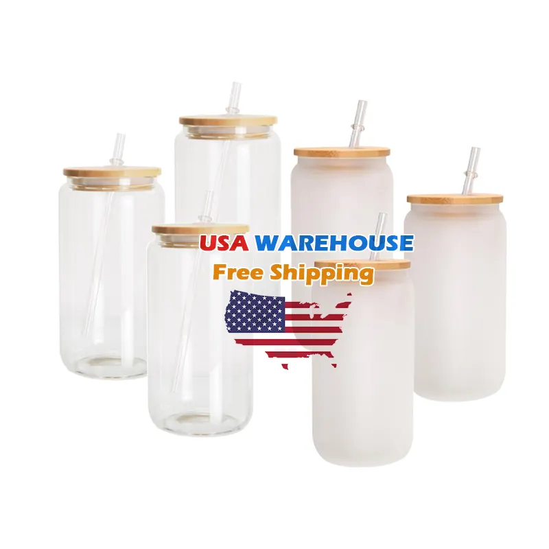 USA Warehouse bestückt 12oz 16oz Clear Frosted Sublimation rohlinge Glas Einmach glas Bierdose Glas becher mit Bambus deckel und Strohhalm