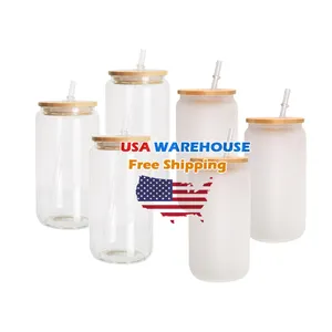 EUA Warehouse abastecido 12oz 16oz Clear Frosted Sublimation Blanks Glass Mason Jar Beer Can Glass Cup Com Tampa De Bambu E Palha