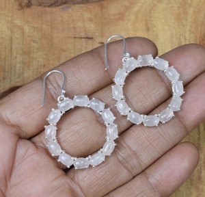 Joyería para mujer, pendientes de estilo bohemio de plata, joyería de plata de ley 925, piedras preciosas de cuarzo rosa, pendientes hechos a mano de tendencia, regalo - Product Image 5