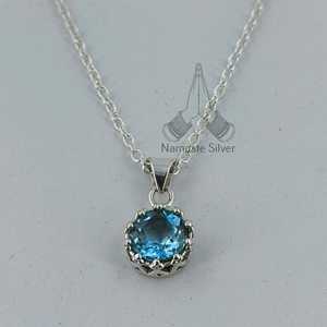 Handmade Dainty Blue Topaz Pendant Chain Necklace 925 Sterling <b>Silver</b> Gemstone <b>Locket</b> Birthday Anniversary Gift for Her - Product Image 3