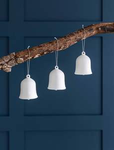 Patterned White Ceramic <b>Bell</b> Trio With Wooden Beads For Boho Home Decor And Artistic Textured Accent Display Charm - Product Image 6