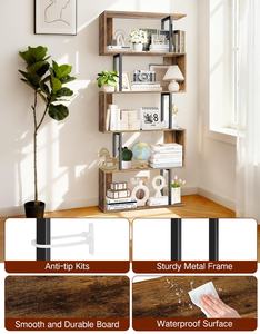 Estantería Moderna en Forma de S de 5 Niveles con Luces LED, Librería Marrón Rústica para Oficina en Casa, Estante Decorativo Industrial - Product Image 4