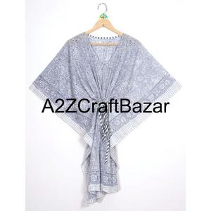 Robe kaftan mi-longue bohème sexy en coton 100% fait main, imprimé floral, col en V, manches courtes, silhouette moulante, volants, pompons - Product Image 2