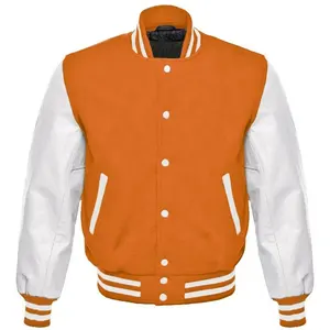 Veste en cuir de chenille brodée unisexe personnalisée de haute qualité bouton orange et blanc Letterman avec poche Varsity Baseball