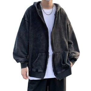 Custom <b>Black</b> Vintage Wash <b>Fleece</b> Hoodie Jacket for <b>Men</b> Winter Stylish Jackets Drop Shoulder Acid Washed Hoodie - Product Image 1
