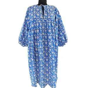 Blauwe Katoenen Dames Stijlvolle Casual Lange Mouwen Kurtis Indiaanse Handgemaakte Nachtkledingjurk Met Bloemenprint